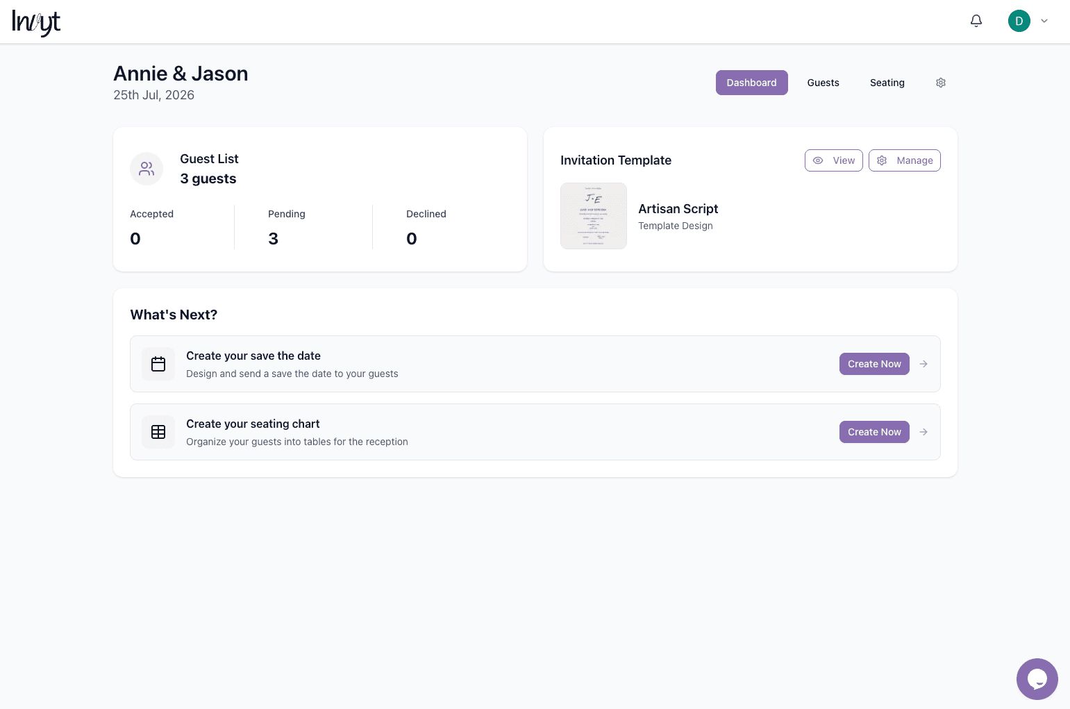 Invyt dashboard showing the Create your save the date action