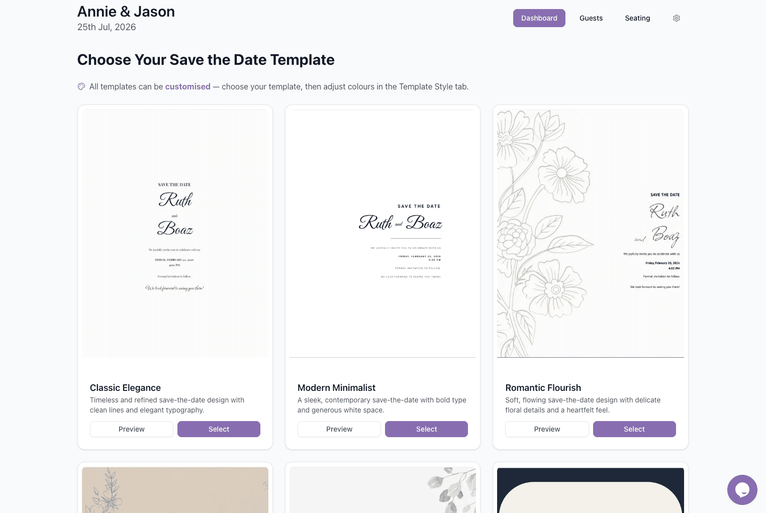 Save the date template picker with multiple designs to preview or select