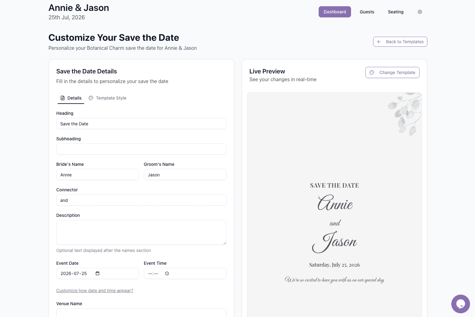 Save the date editor with details form and live preview
