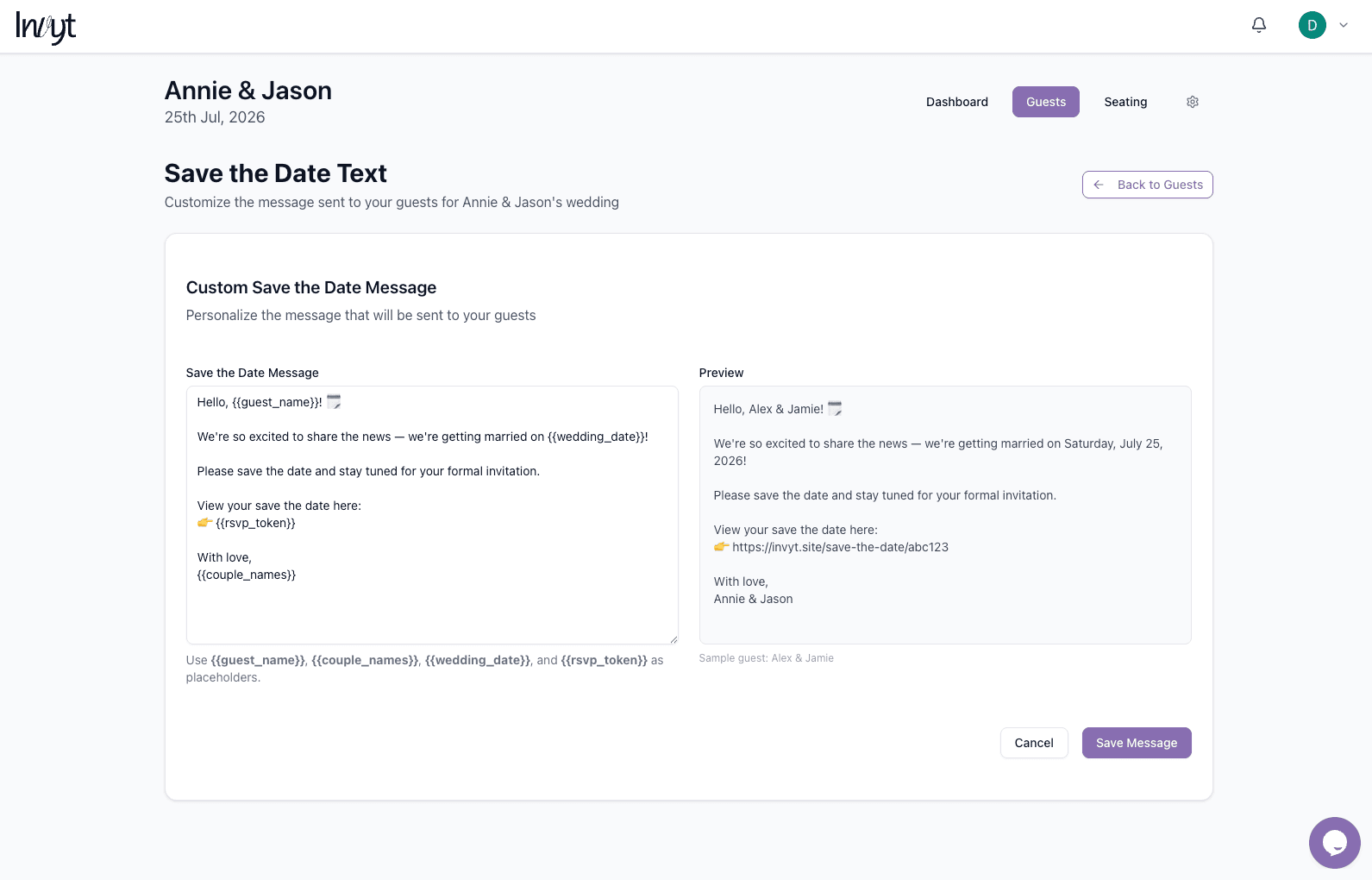 Custom save the date message editor with placeholders and preview
