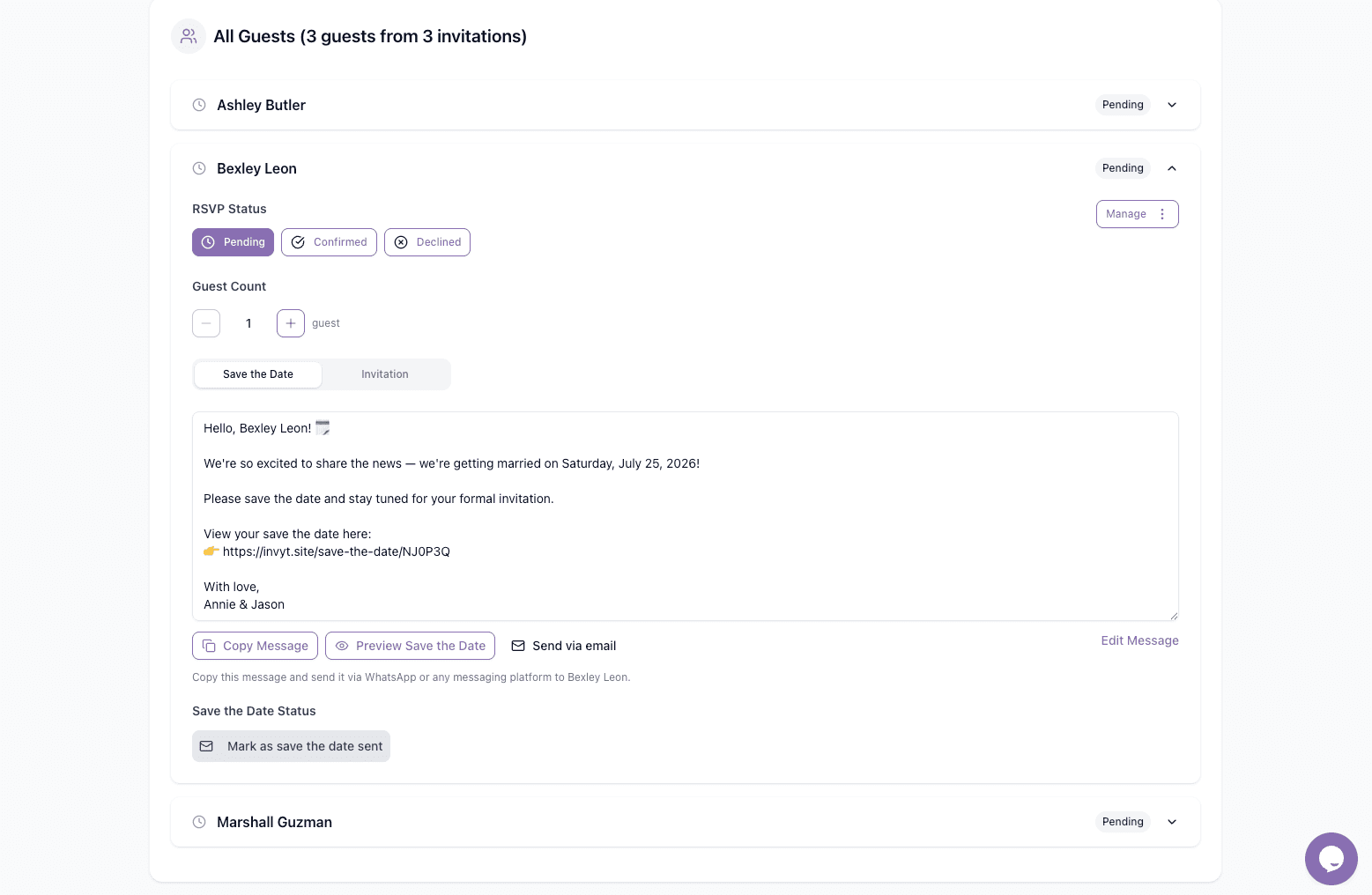 Guest panel showing personalised save the date message and sharing actions