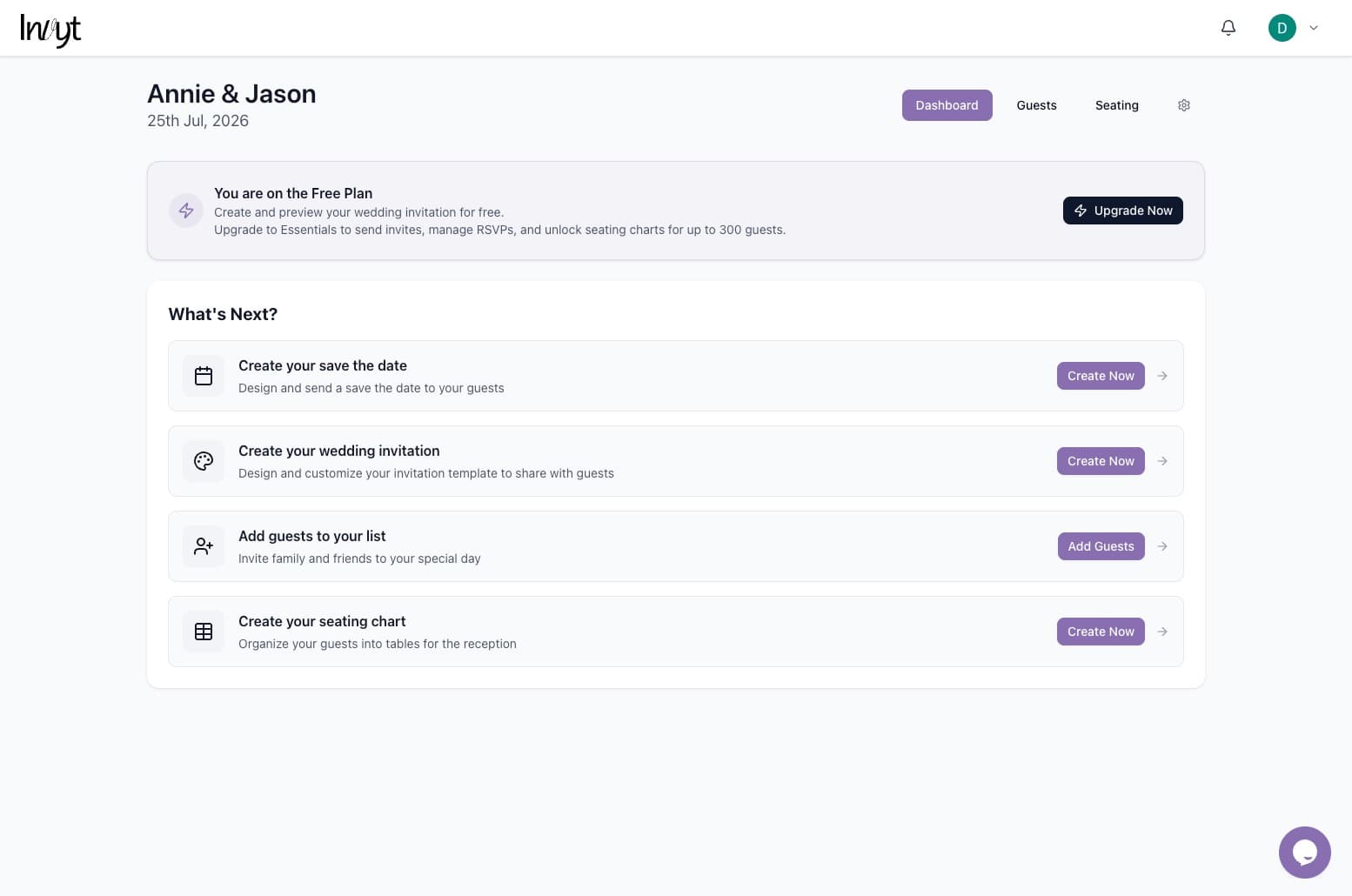 Invyt dashboard with wedding tasks such as create invitation and add guests