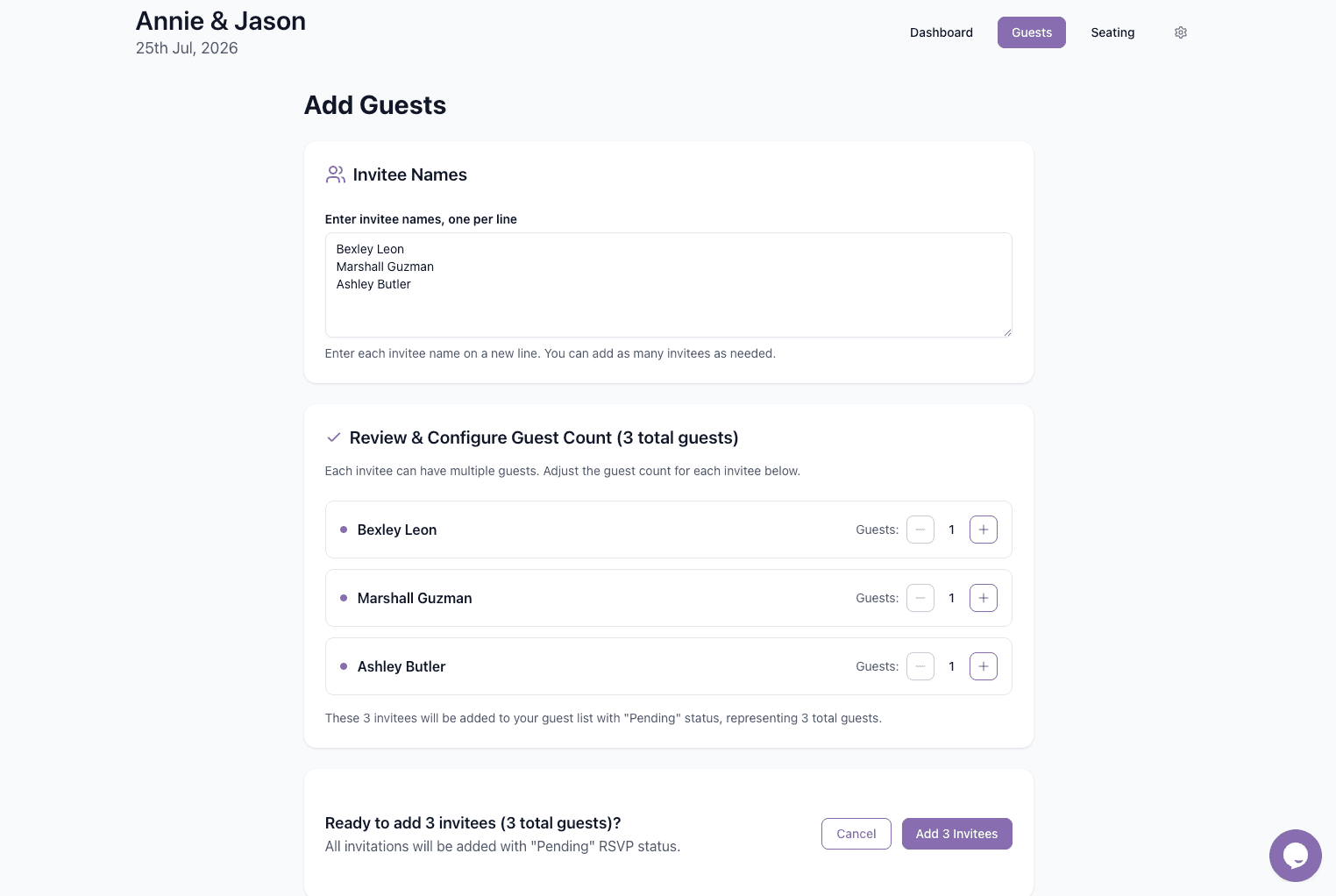 Add Guests screen with invitee names and guest count controls