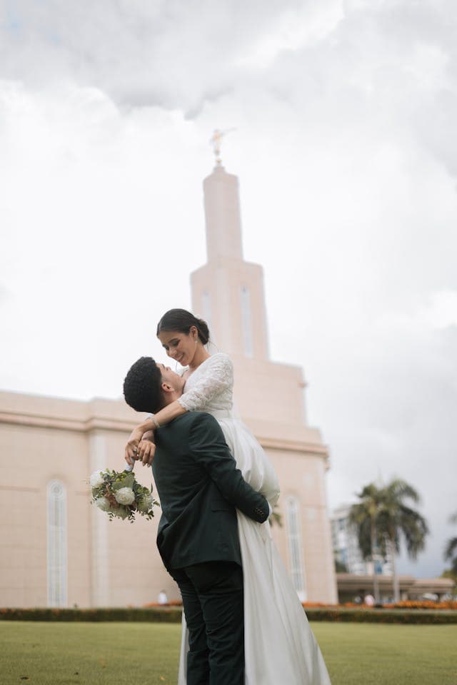 Wedding couple embracing