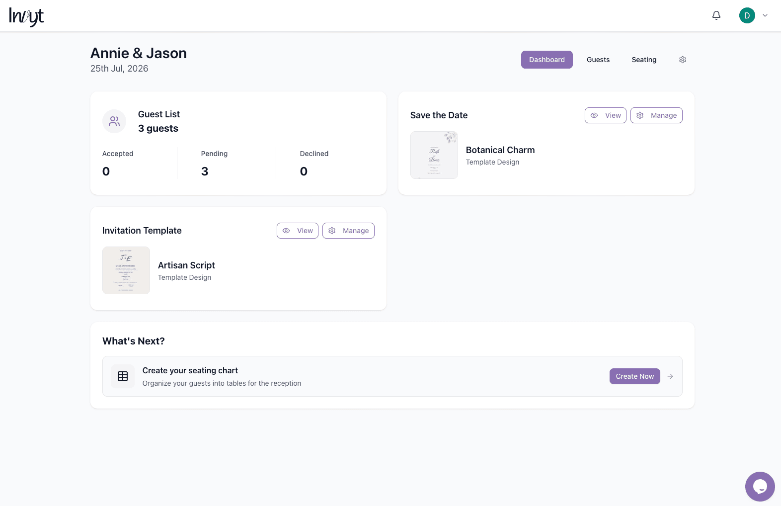 Invyt dashboard showing the Create your seating chart action