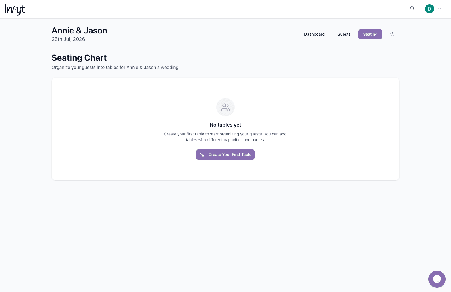 Empty seating chart screen with a Create Your First Table button