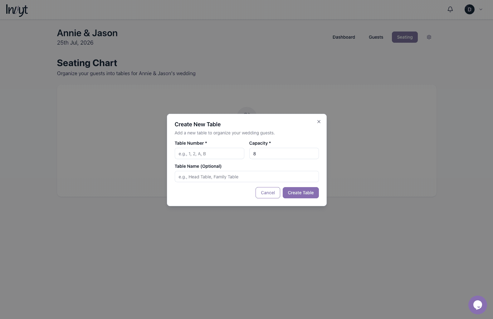 Create New Table modal with table number, capacity, and optional name fields