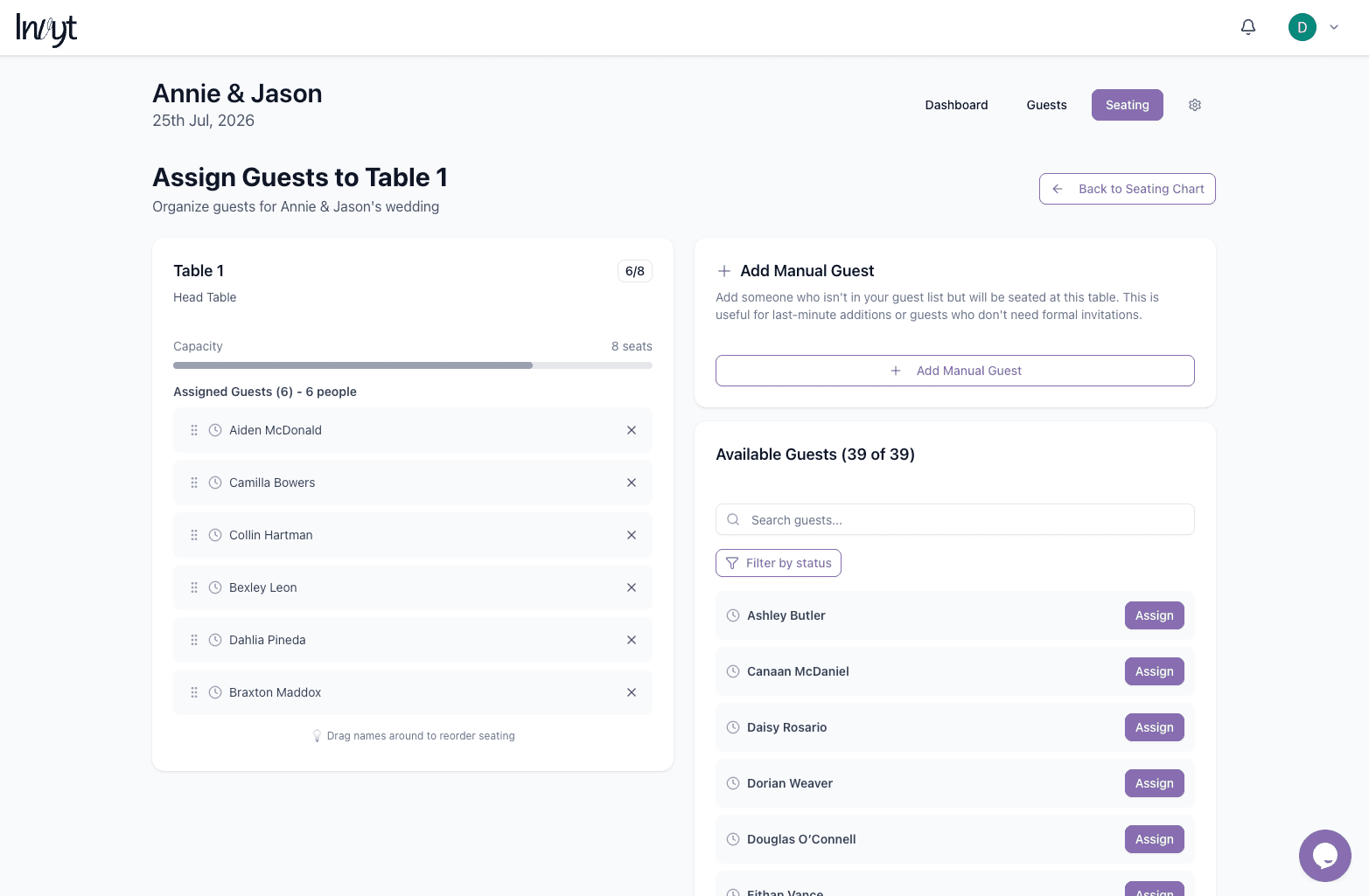 Assign Guests screen showing assigned guests, available guests, and seat capacity