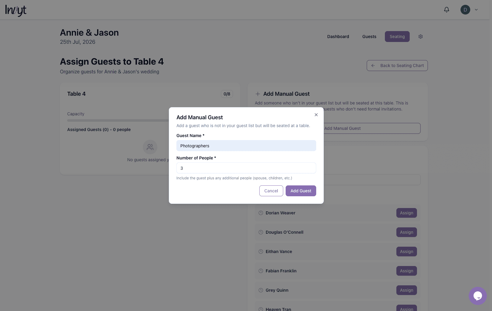 Add Manual Guest modal with guest name and number of people fields