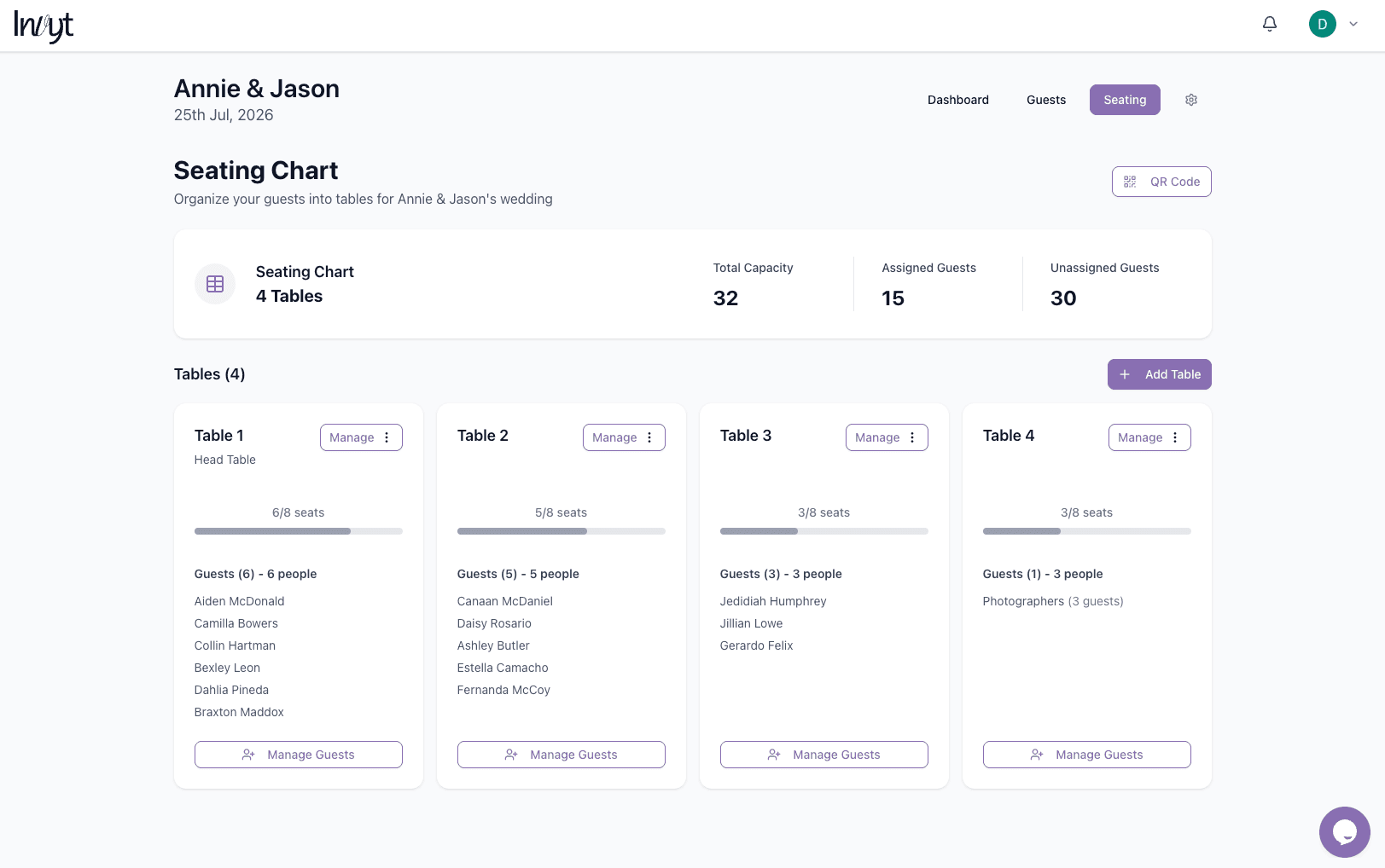 Seating chart overview with multiple tables, seat counts, and management actions