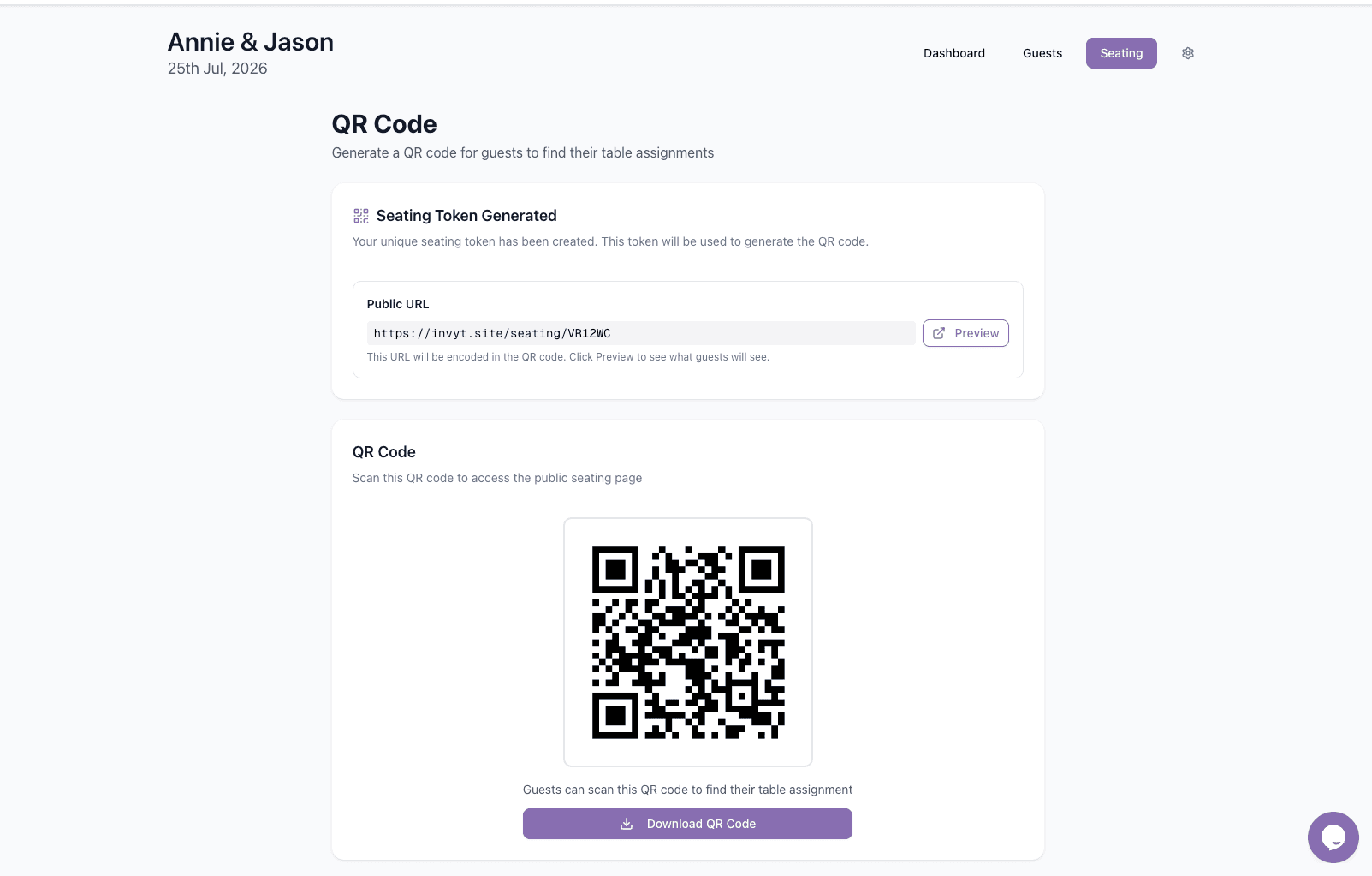 QR code page showing a public seating URL and downloadable QR code