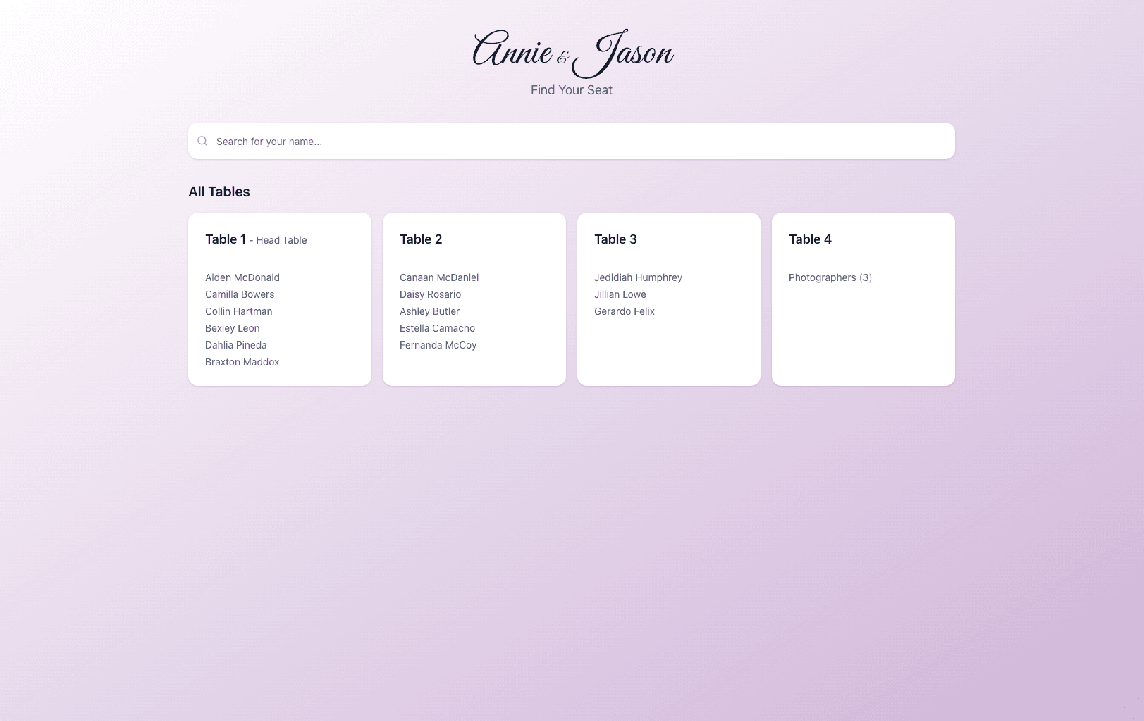 Public seating chart page with a search field and visible table assignments