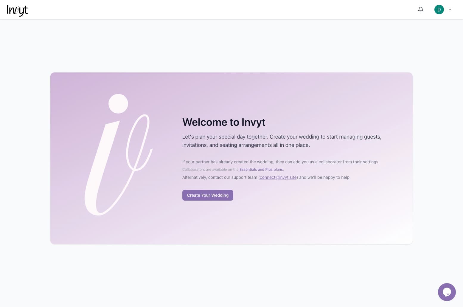 Invyt welcome screen with a Create Your Wedding button