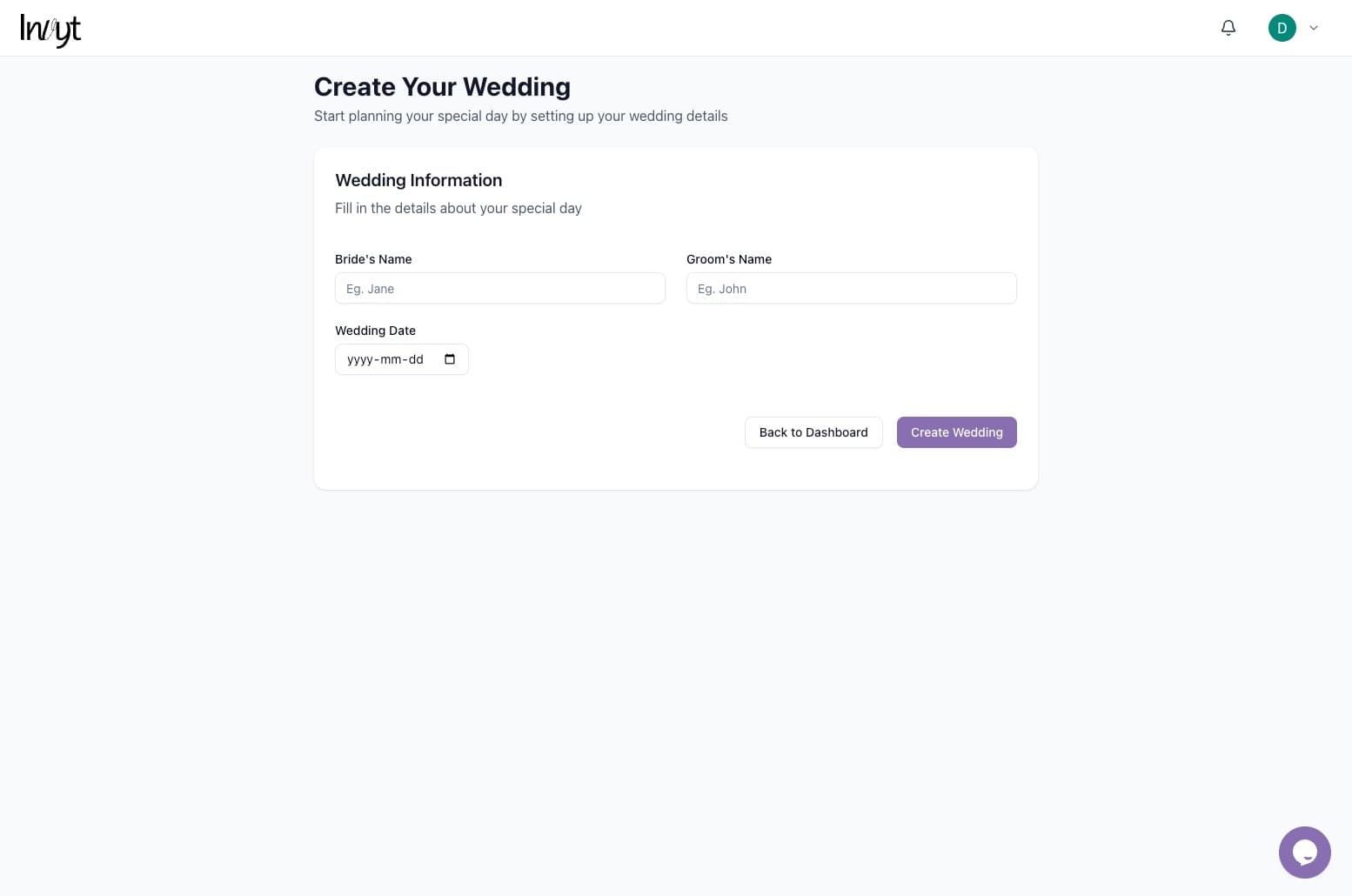 Create Your Wedding form with names and wedding date fields