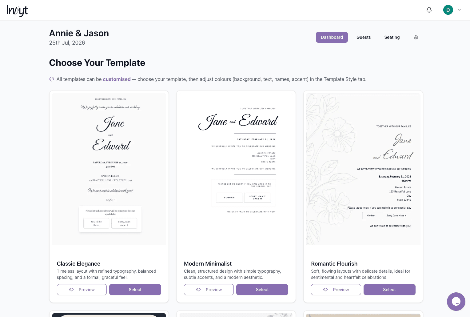 Template picker showing Classic Elegance, Modern Minimalist, and Romantic Flourish