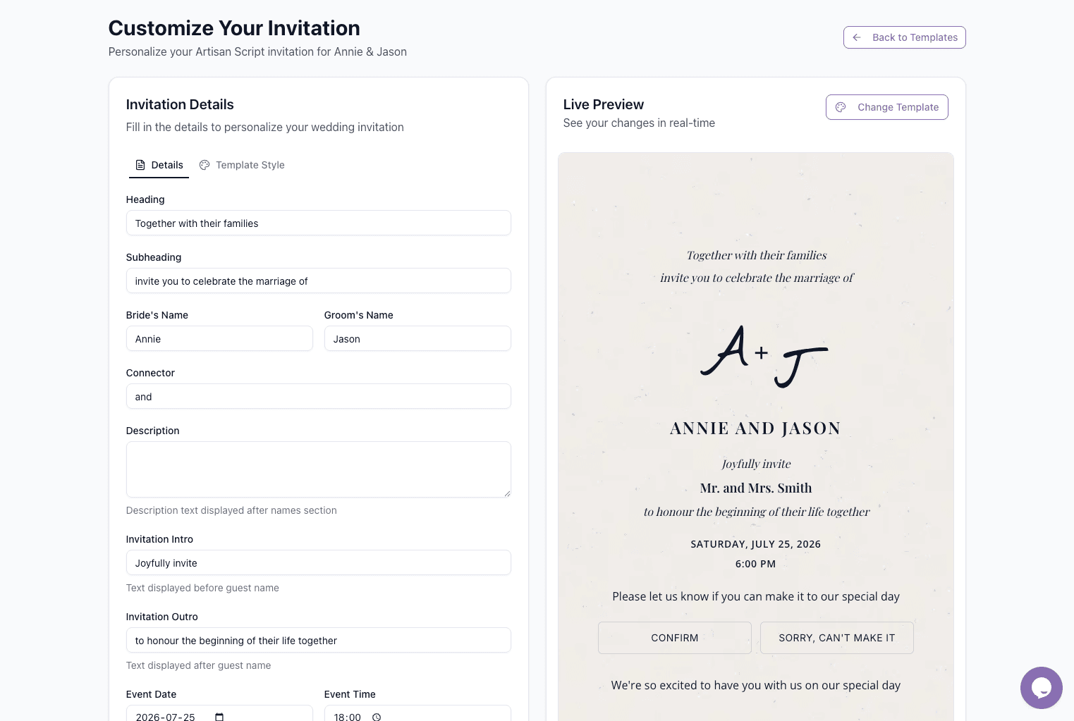 Invitation editor with editable fields on the left and live preview on the right