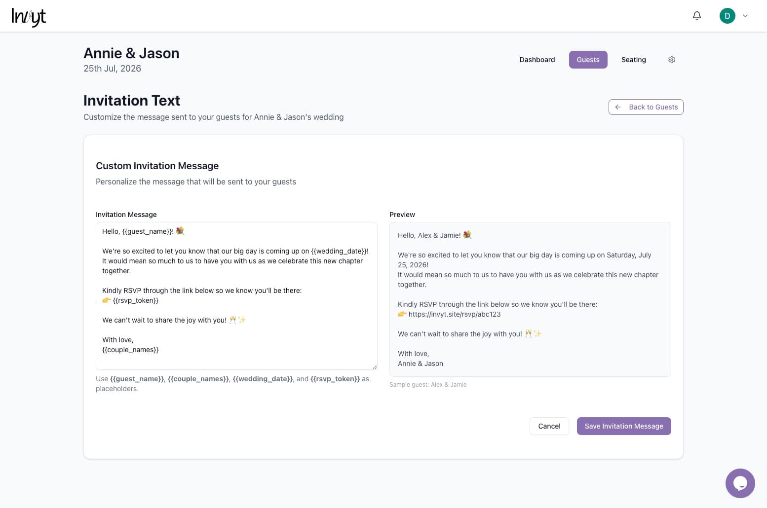 Invitation message editor with placeholders and a live preview