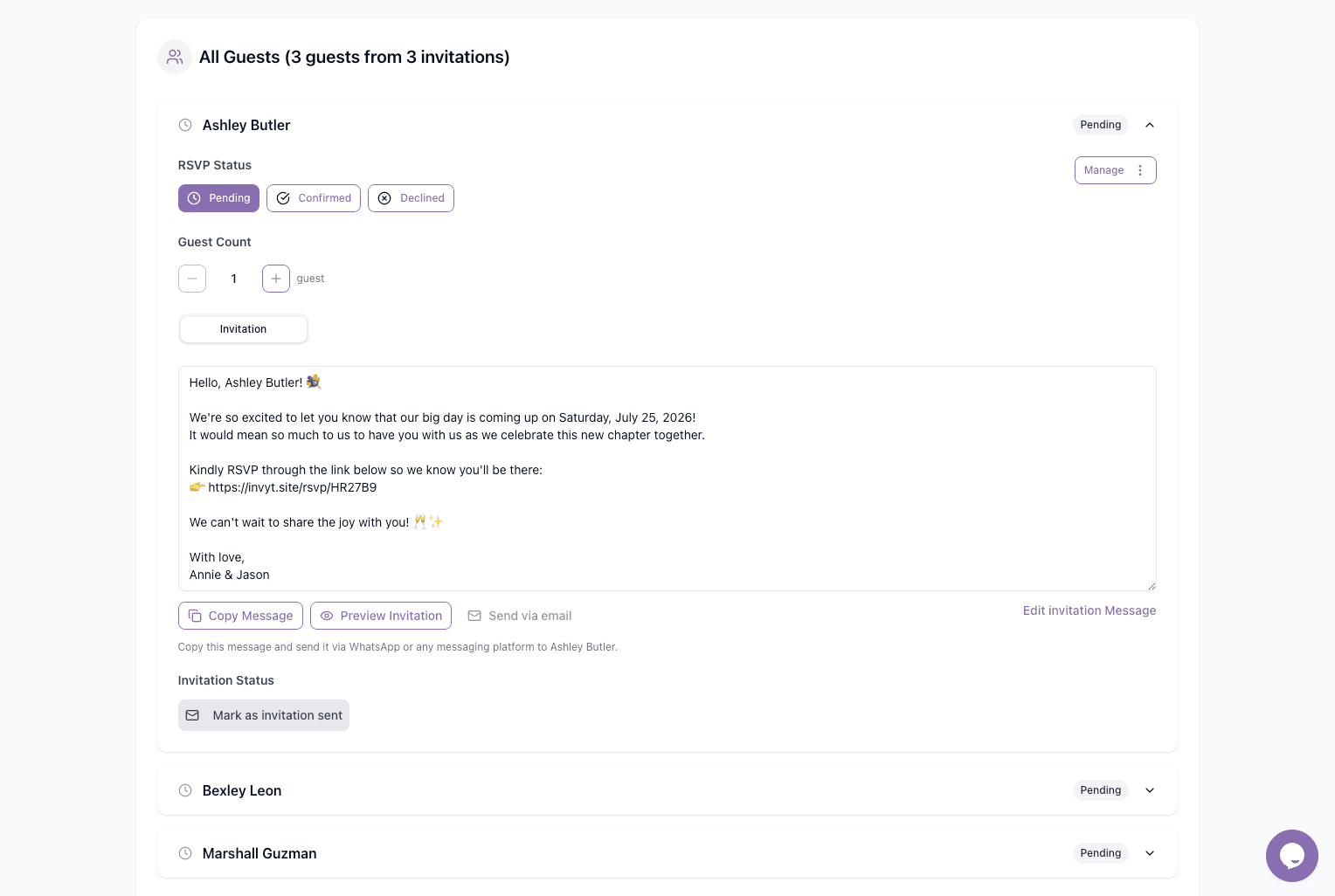 Guest invitation panel with copy message, preview invitation, and send options